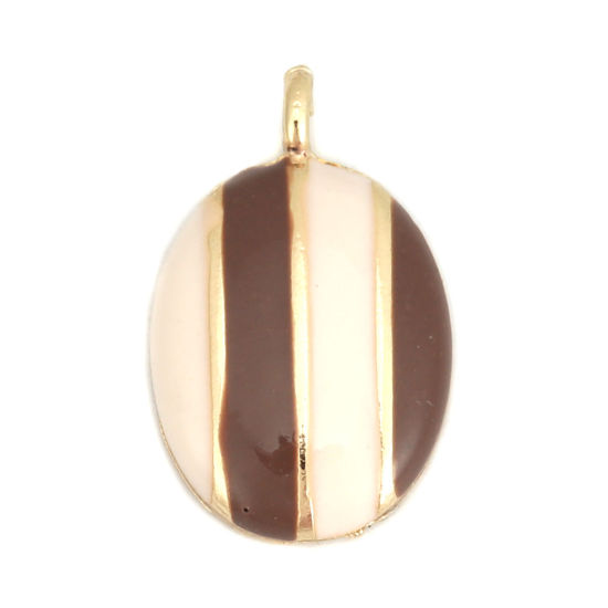 Immagine di Lega di Zinco Charms Ovale Oro Placcato Beige & Caffè Striscia Smalto 25mm x 15mm , 5 Pz
