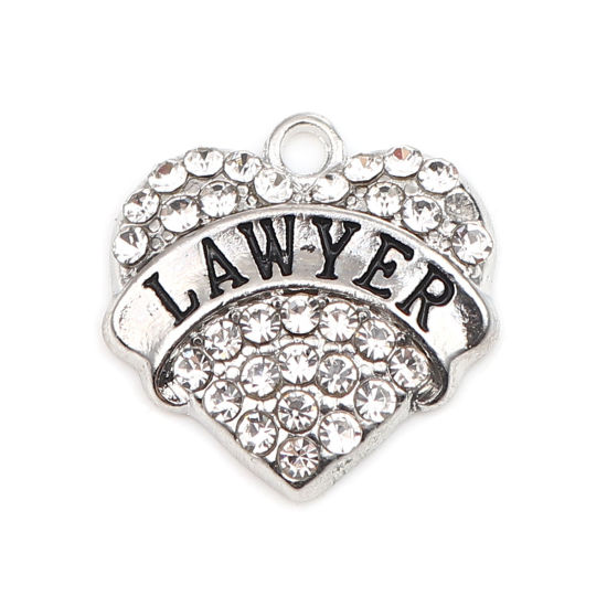 Picture of Zinc Based Alloy Charms Heart Silver Tone Message " Lawyer " Clear Rhinestone 20mm x 20mm, 2 PCs