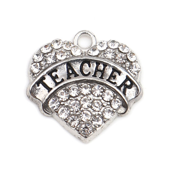 Immagine di Lega di Zinco Charms Cuore Tono Argento Lettere " Teacher " Trasparente Strass 20mm x 20mm , 2 Pz