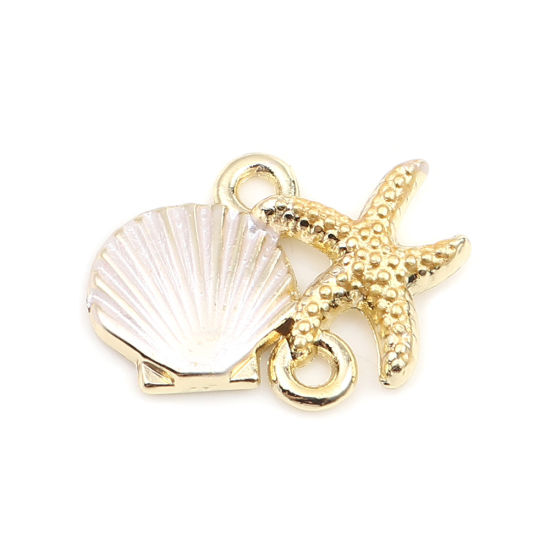 Imagen de Zamak Joyería del océano Conectores Marisco de vieira Chapado en Oro Blanco & Amarillo Estrella de Mar 18mm x 14mm, 10 Unidades