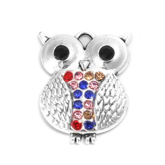 Picture of Zinc Based Alloy Pendants Owl Animal Silver Tone Multicolor Rhinestone 3cm x 2.4cm, 5 PCs