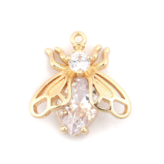 Picture of Brass Insect Charms 18K Gold Filled Bee Animal Clear Rhinestone 15mm x 14mm, 2 PCs                                                                                                                                                                            