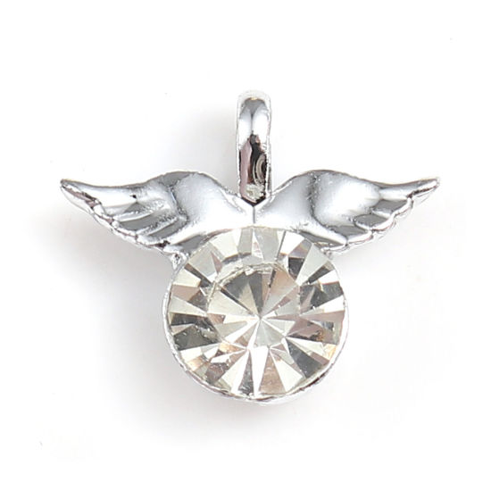 Picture of Zinc Based Alloy Charms Angel Silver Tone Wing Clear Rhinestone 18mm( 6/8") x 15mm( 5/8"), 10 PCs