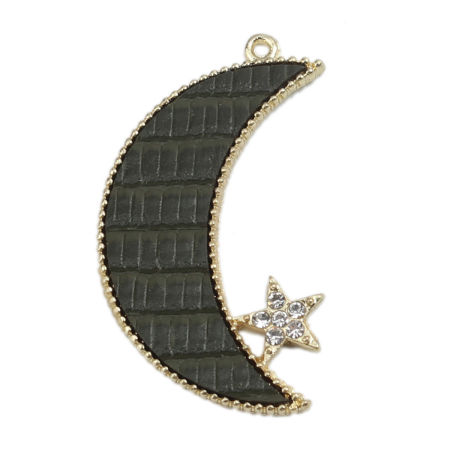 Picture of Zinc Based Alloy PU Galaxy Pendants Half Moon Crocodile Print Clear Rhinestone