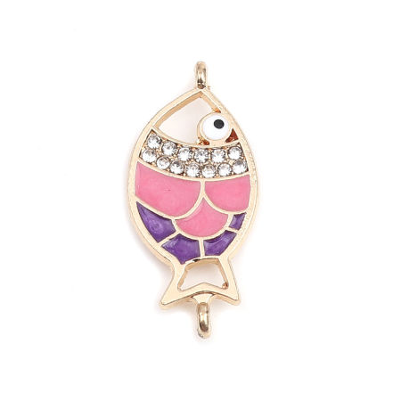 Zamak Joyería del océano Conectores Pez Chapado en Oro Rosa & Violeta Esmalte Transparente Rhinestone 29mm x 14mm, 5 Unidades