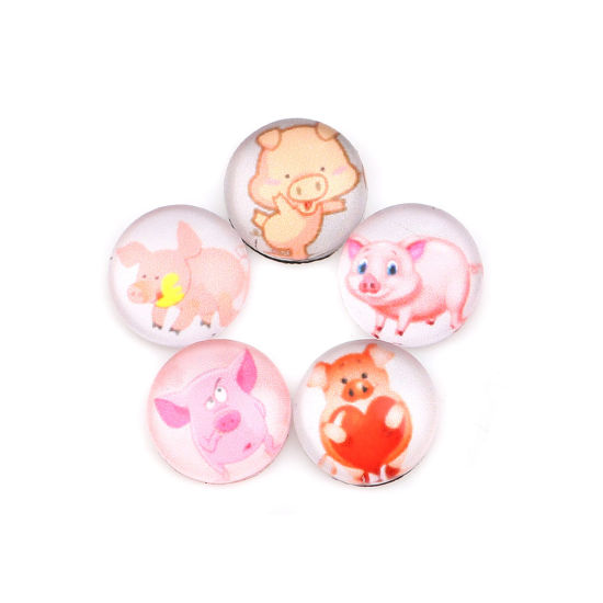 Picture of Glass Dome Seals Cabochon Round Flatback At Random Piggy Pattern 10mm( 3/8") Dia, 50 PCs