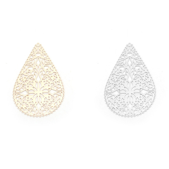 Immagine di Ottone Ciondoli Oro Placcato Goccia Fiore Filigree Stamping 4cm x 2.7cm, 10 Pz