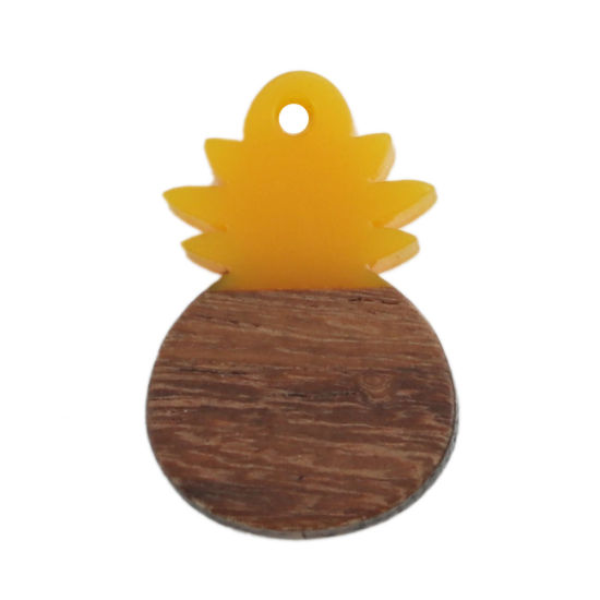 Picture of Natural Wood Effect Resin Charms Pineapple/ Ananas Fruit Yellow 27mm x 18mm, 5 PCs