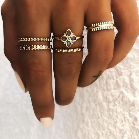 Rings Gold Plated Flower Clear Rhinestone 18.9mm(US Size 9) - 16.7mm(US size 6.25), 1 Set ( 5 PCs/Set)