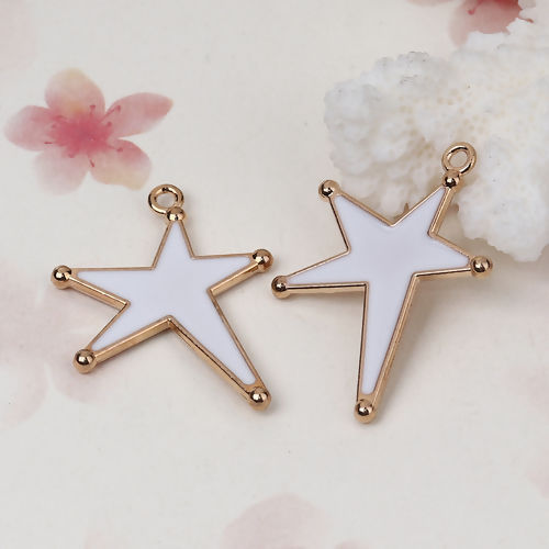 Bild von Zinklegierung Galaxis Anhänger Pentagramm Stern Vergoldet Weiß Emaille 32mm x 24mm, 20 Stück