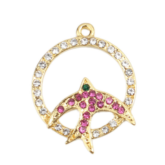 Imagen de Zamak Colgantes Ronda Chapado en Oro Paloma Multicolor Rhinestone Micro Pave 3.1cm x 2.4cm, 2 Unidades