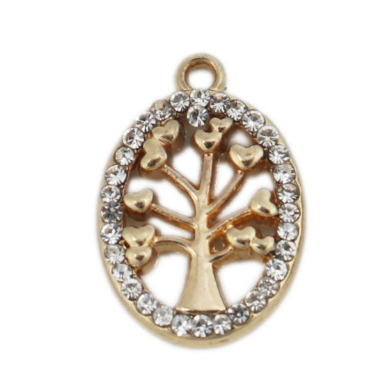 Picture of Zinc Based Alloy Charms Oval Gold Plated Tree Micro Pave Clear Rhinestone 19mm x 13mm, 5 PCs