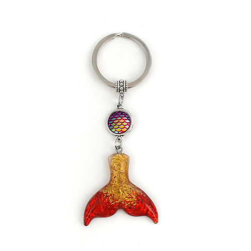 Picture of Acrylic Mermaid Fish/ Dragon Scale Keychain & Keyring Mermaid Antique Silver Color Red AB Rainbow Color Glitter 10.5cm x 3.9cm, 1 Piece
