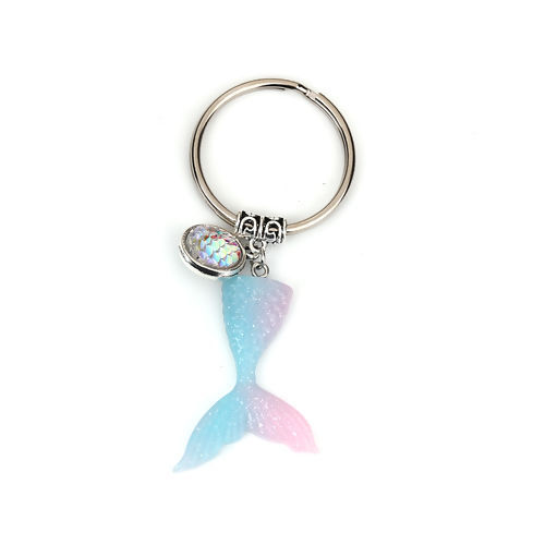 Picture of Acrylic Mermaid Fish/ Dragon Scale Keychain & Keyring Round Blue Pink AB Rainbow Color Glitter 87mm x 35mm, 1 Piece