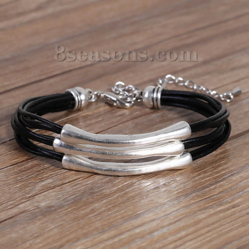 Picture of Wax Rope Hand Made Beaded Bracelets Antique Silver Color & Silver Tone Black Arched 20cm(7 7/8") long, 1 Piece