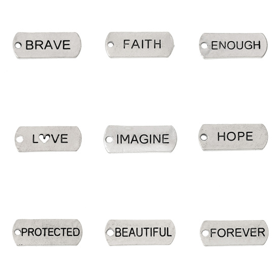 Picture of Zinc Metal Alloy Charm Pendants Rectangle Message " Beautiful " Carved