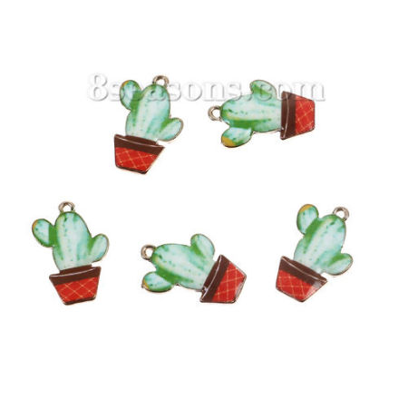 Zinc Based Alloy Charms Cactus Gold Plated Green Enamel 23mm x15mm( 7/8" x 5/8"), 10 PCs