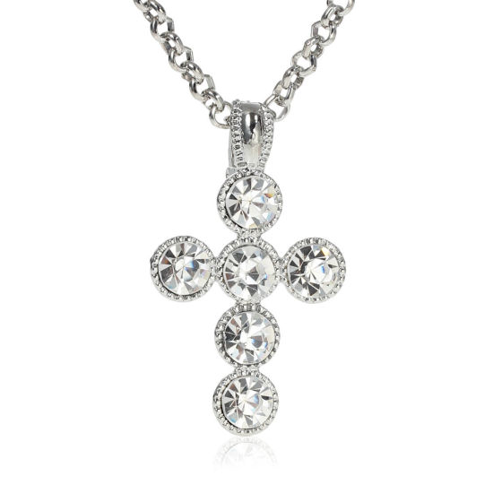 Picture of Jewelry Necklace Cross Silver Tone Clear Rhinestone 65cm(25 5/8") long, 1 Piece