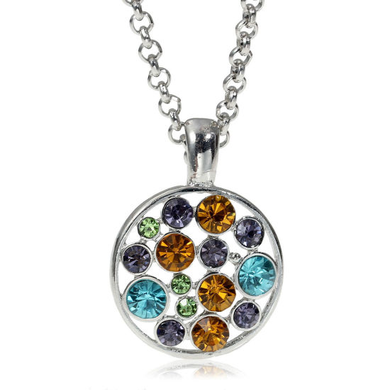 Picture of Jewelry Necklace Round Silver Tone Multicolor Rhinestone Hollow 65cm(25 5/8") long, 1 Piece