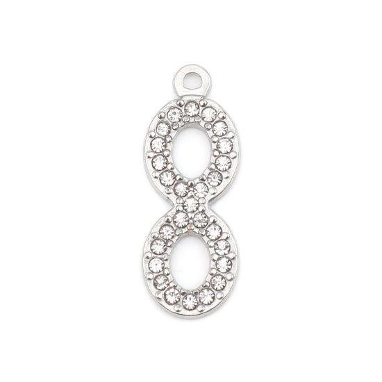 Picture of 304 Stainless Steel Charms Infinity Symbol Silver Tone Clear Rhinestone 26mm x 10mm, 2 PCs