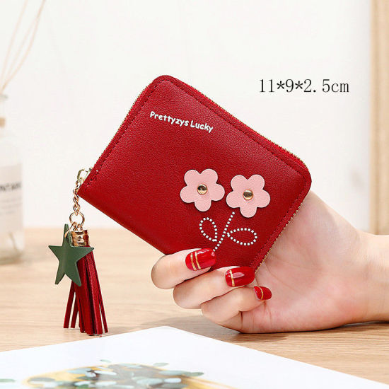 Picture of PU Leather Wallets Flower Tassel Wine Red 11cm x 9cm , 1 Piece