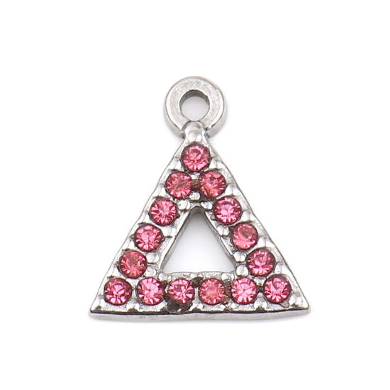 Immagine di 304 Acciaio Inossidabile Charms Triangolo Tono Argento Roso Strass 15mm x 13mm, 2 Pz