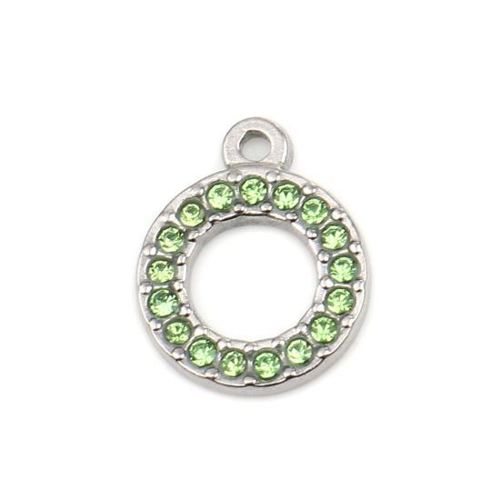 Immagine di 304 Acciaio Inossidabile Charms Anello Tono Argento Verde Strass 16mm x 13mm, 2 Pz