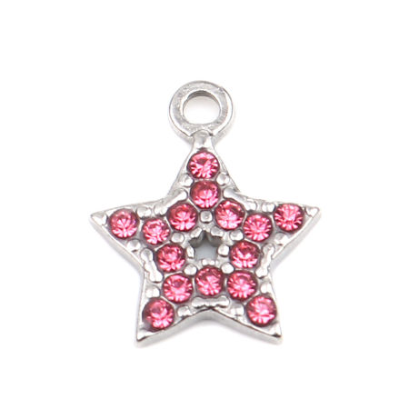 304 Acero Inoxidable Colgantes Charms Estrellas de cinco puntos Tono de Plata Rosa Rhinestone 15mm x 12mm, 2 Unidades
