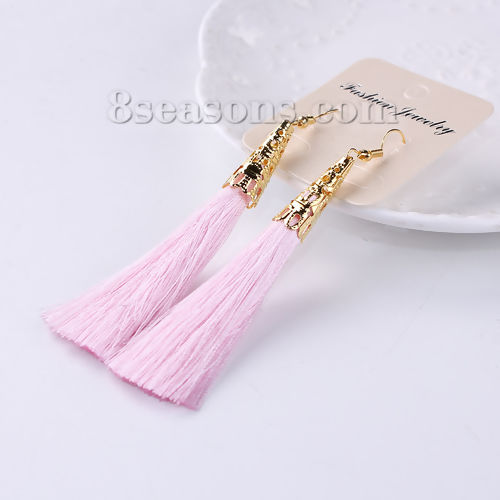 Picture of Tassel Earrings Gold Plated Pink 9.8cm(3 7/8"), Post/ Wire Size: (21 gauge), 1 Pair