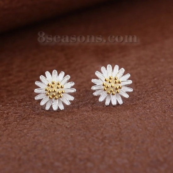 Image de Boucles d'Oreilles Puces en Laiton blanc Argenté Marguerite 9mm - 8mm Dia. Epaisseur de Fil: (20 gauge), 1 Paire