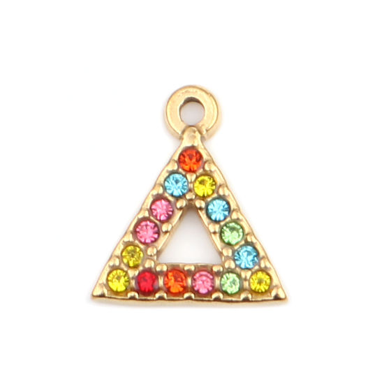 Immagine di 304 Acciaio Inossidabile Charms Triangolo Oro Placcato Multicolore Strass 15mm x 13mm, 2 Pz