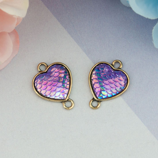 Picture of Zinc Based Alloy & Resin Mermaid Fish/ Dragon Scale Connectors Heart Gold Tone Antique Gold Purple AB Color 25mm x 18mm, 10 PCs