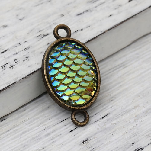 Bild von Zinklegierung + Harz Meerjungfrau/Drachen Fischschuppen Verbinder Oval Bronzefarbe Blau AB Farbe, 29mm x 16mm, 10 Stück