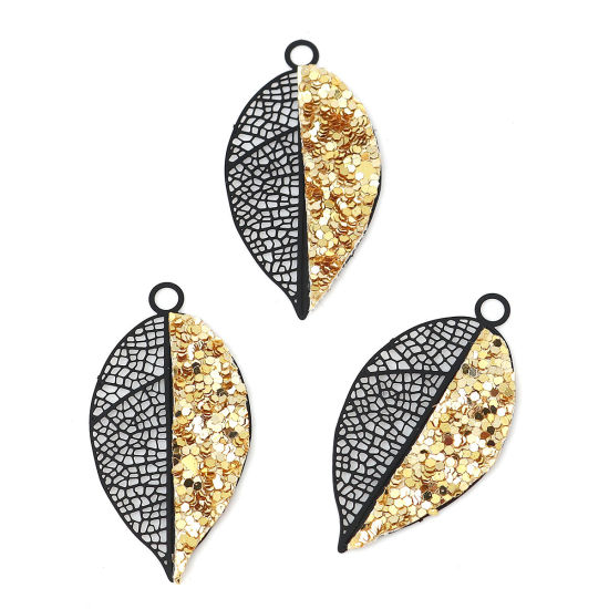 Picture of Brass Pendants Leaf Black Golden Sequins 37mm(1 4/8") x 19mm( 6/8"), 2 Pairs                                                                                                                                                                                  