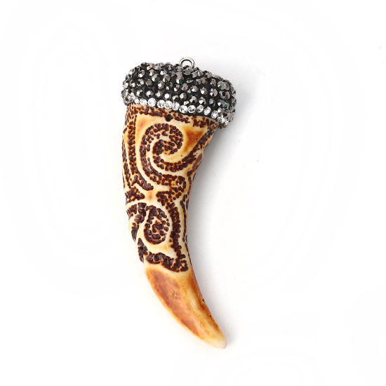 Picture of Resin Boho Chic Pendants Horn-shaped Brown Micro Pave Gray Rhinestone 72mm(2 7/8") x 24mm(1"), 1 Piece