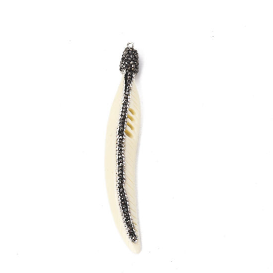Imagen de Resina Micro Pave Colgantes Pluma gris Oscuro Off-white Transparente Rhinestone 11.3cm x 1.7cm, 1 Unidad