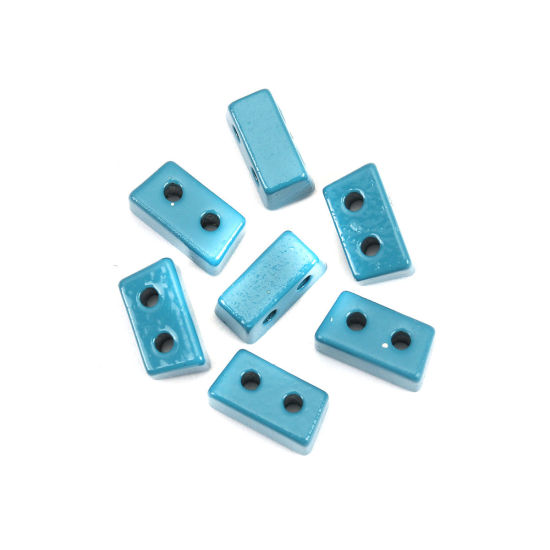 Picture of Zinc Based Alloy Enamel Spacer Beads Two Holes Trapezoid Peacock Blue About 8mm x 4mm, Hole: Approx 1mm, 10 PCs