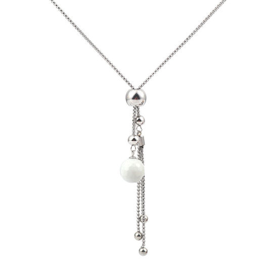 Imagen de 304 Acero Inoxidable Ajustable Slider/ Slide Collar Jersey/Suéter Cadena larga Tono de Plata Blanco Panícula Ronda Facetas 73cm longitud, 1 Unidad