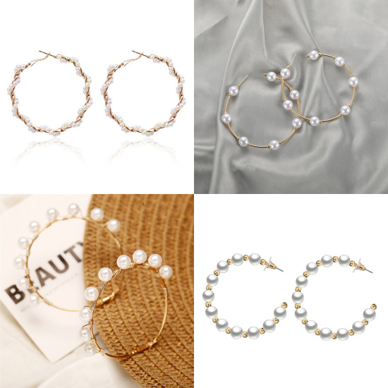 Picture of Stainless Steel Hoop Earrings Gold Plated White Imitation Pearl Circle Ring 55mm x 55mm, 1 Pair