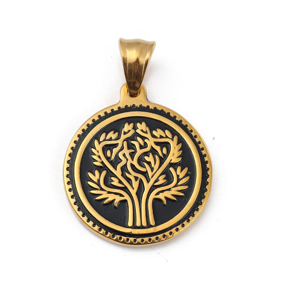 Picture of 316L Stainless Steel Pendants Round Disc Gold Plated Black Tree Enamel 36mm(1 3/8") x 25mm(1"), 1 Piece”