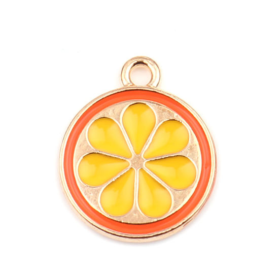 Immagine di Lega di Zinco Charms Tondo Oro Placcato Arancione & Giallo Fettina di Limone Smalto 18mm x 15mm , 20 Pz