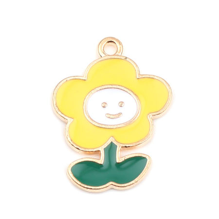 Bild von Zinklegierung Charms Blumen Vergoldet Gelb Lächeln Emaille 24mm x 18mm, 20 Stück
