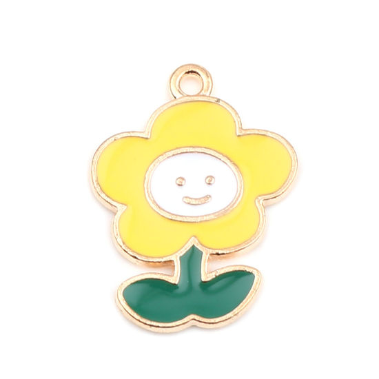 Immagine di Lega di Zinco Charms Fiore Oro Placcato Giallo Sorriso Smalto 24mm x 18mm , 20 Pz