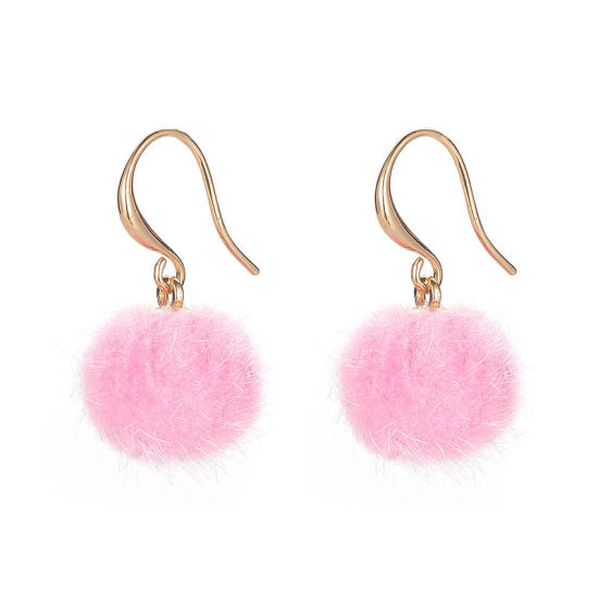 Picture of Brass Earrings Gold Plated Pink Pom Pom Ball 3cm(1 1/8") x 1.5cm( 5/8"), 1 Pair                                                                                                                                                                               