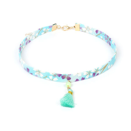 Fabric Choker Necklace Blue Tassel Flower 30cm(11 6/8") long, 1 Piece