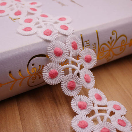 Poliestere Merletto Bianco & Rosa Fiore 55mm, 1 Yard