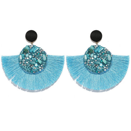 Polyester Tassel Earrings Light Blue Fan-shaped 80mm x 76mm(3"), 1 Pair