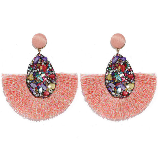 Picture of Polyester Tassel Earrings Pale Pinkish Gray Fan-shaped Drop 83mm x 80mm, 1 Pair