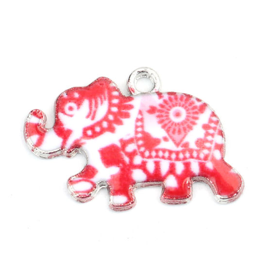 Immagine di Lega di Zinco Charms Elefante Tono Argento Bianco & Rosso Smalto 24mm x 16mm , 10 Pz