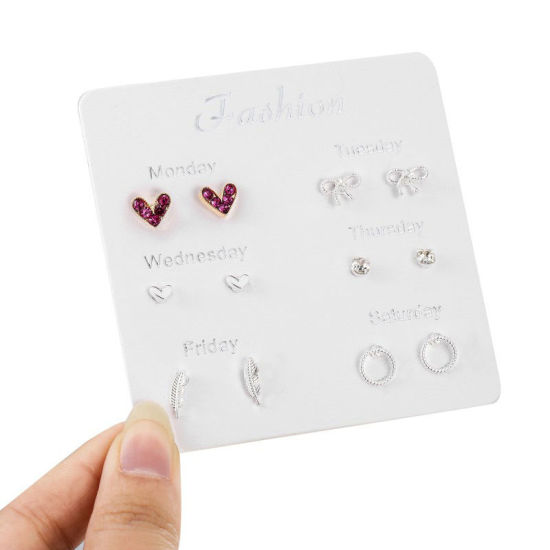 Bild von Eine Woche Ohrstecker Set Versilbert Herz Schleife Transparent Strass 1 Set ( 6 Paare/Set)